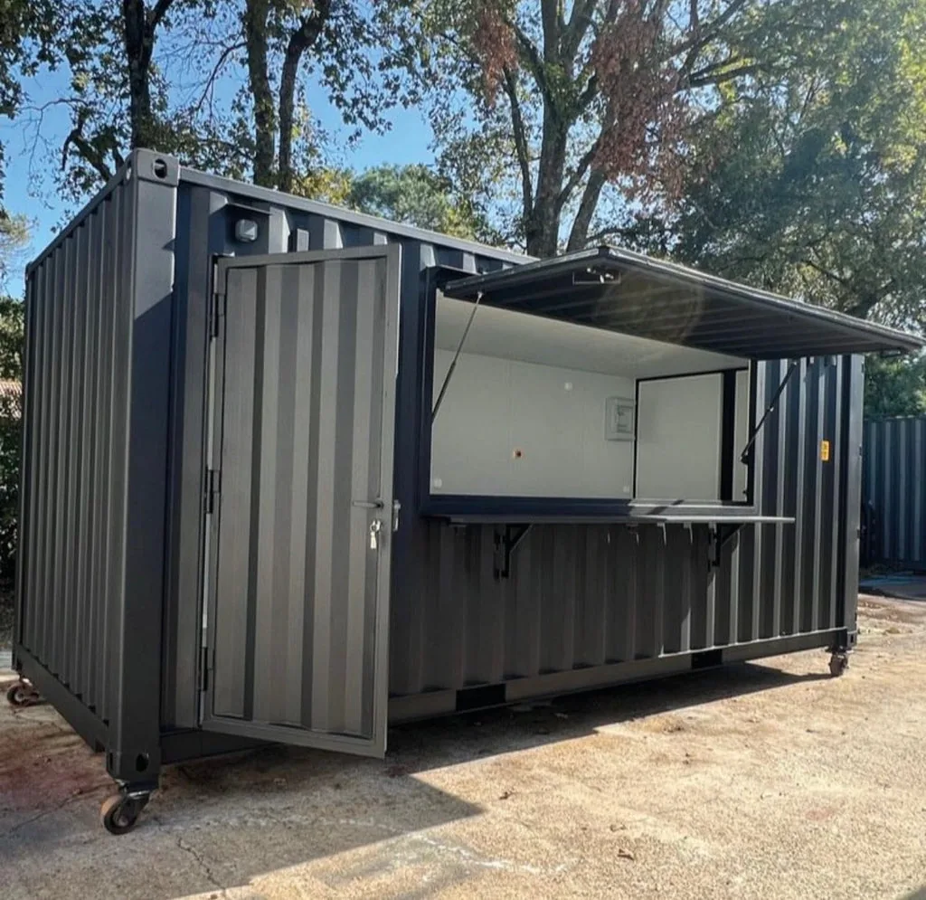 Container Bar Personalizzato 20 Piedi Nero/Antracite — Marquesina Gas, Interno Sandwich, Resina, Su Ruote - immagine 2