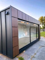Container Ufficio 6 x 3 m — Casette Imitation Legno Noce Scuro e Vetrate Antracite - immagine 5